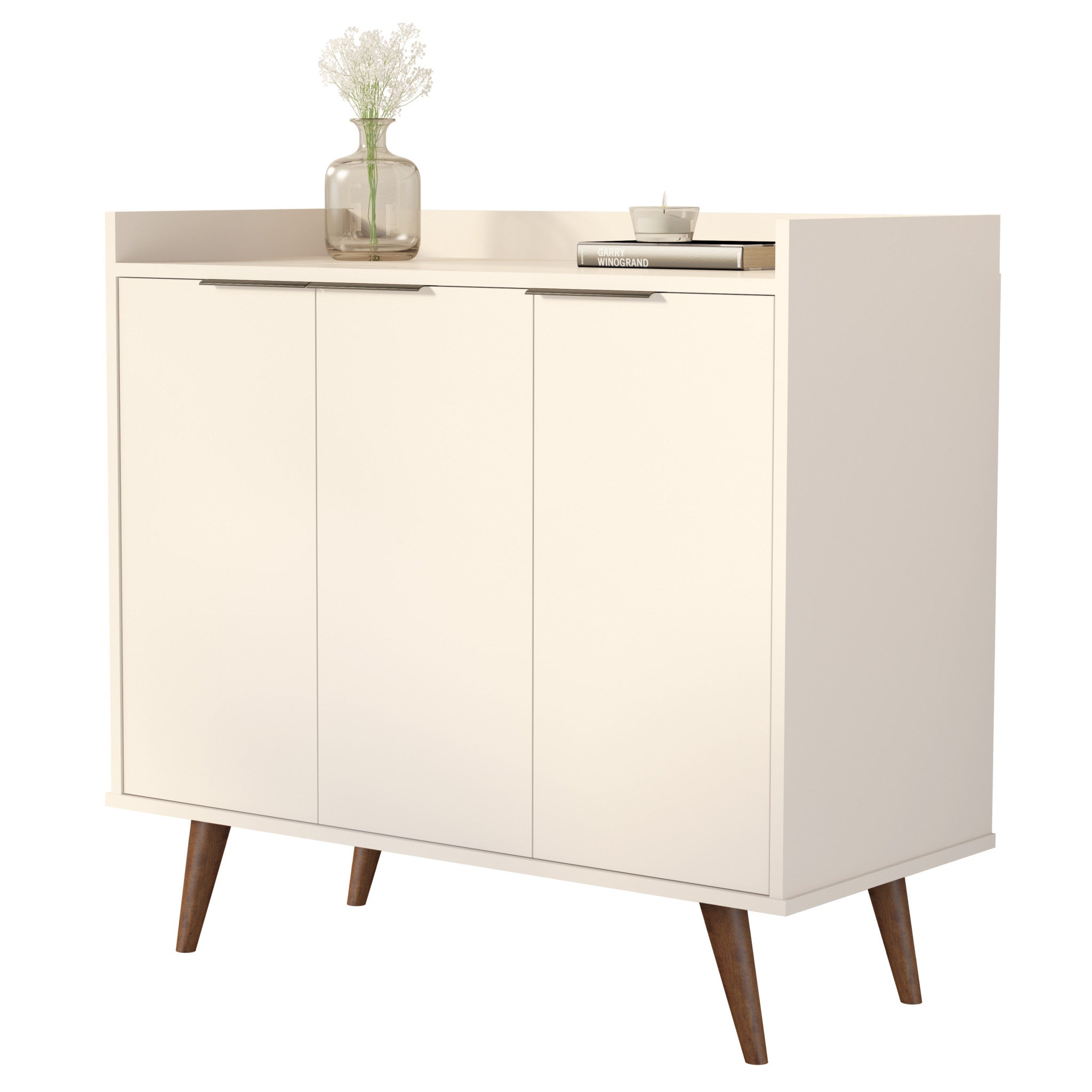 35" Off White and Natural Buffet Accent Chest With Three Shelves