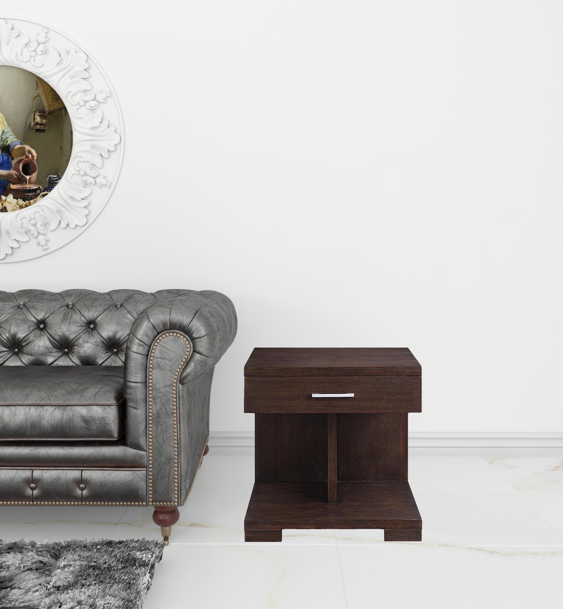 24" Walnut Manufactured Wood Square End Table With Drawer And Shelf