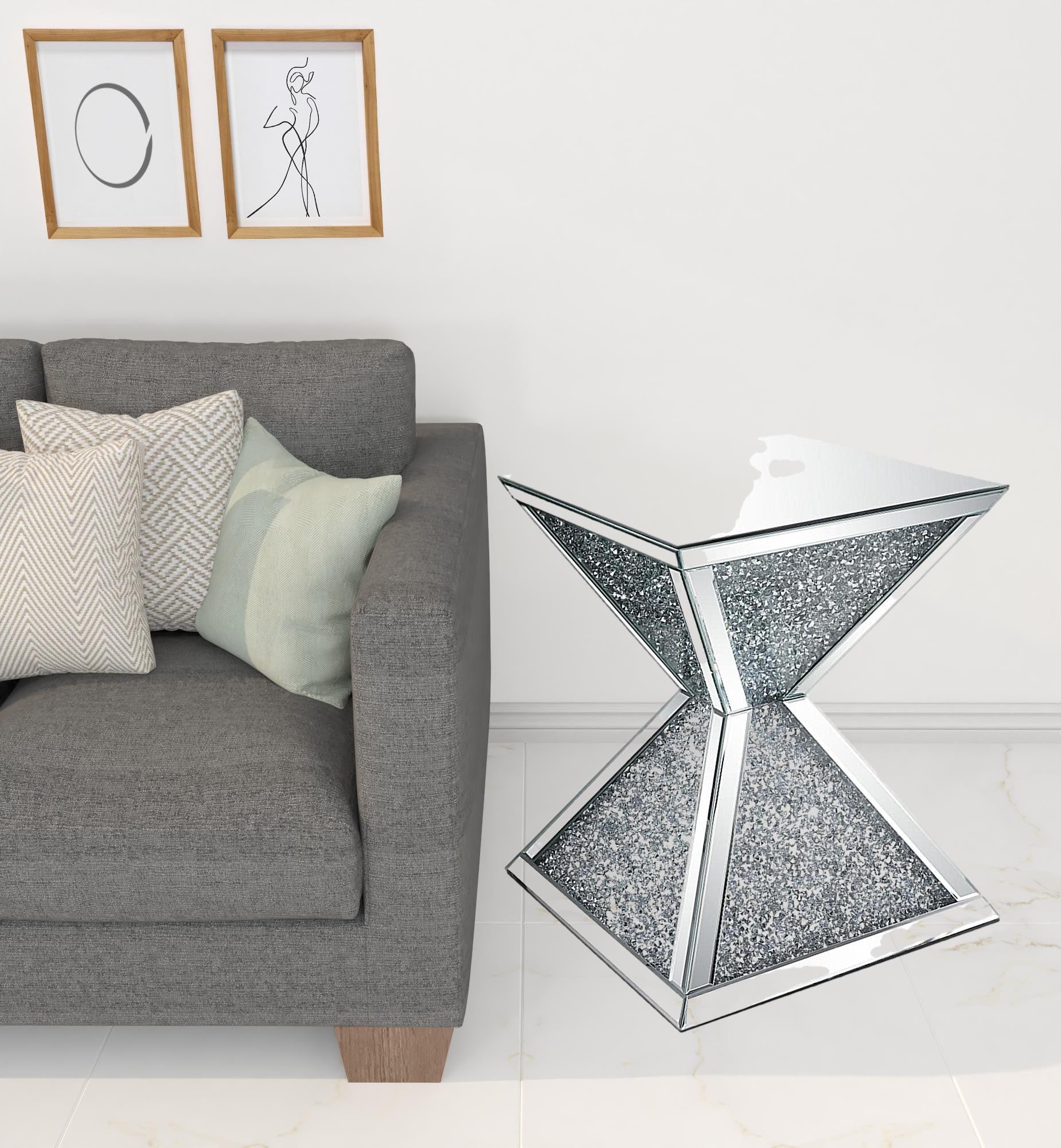 23" Silver Mirrored And Manufactured Wood Square Diamond End Table