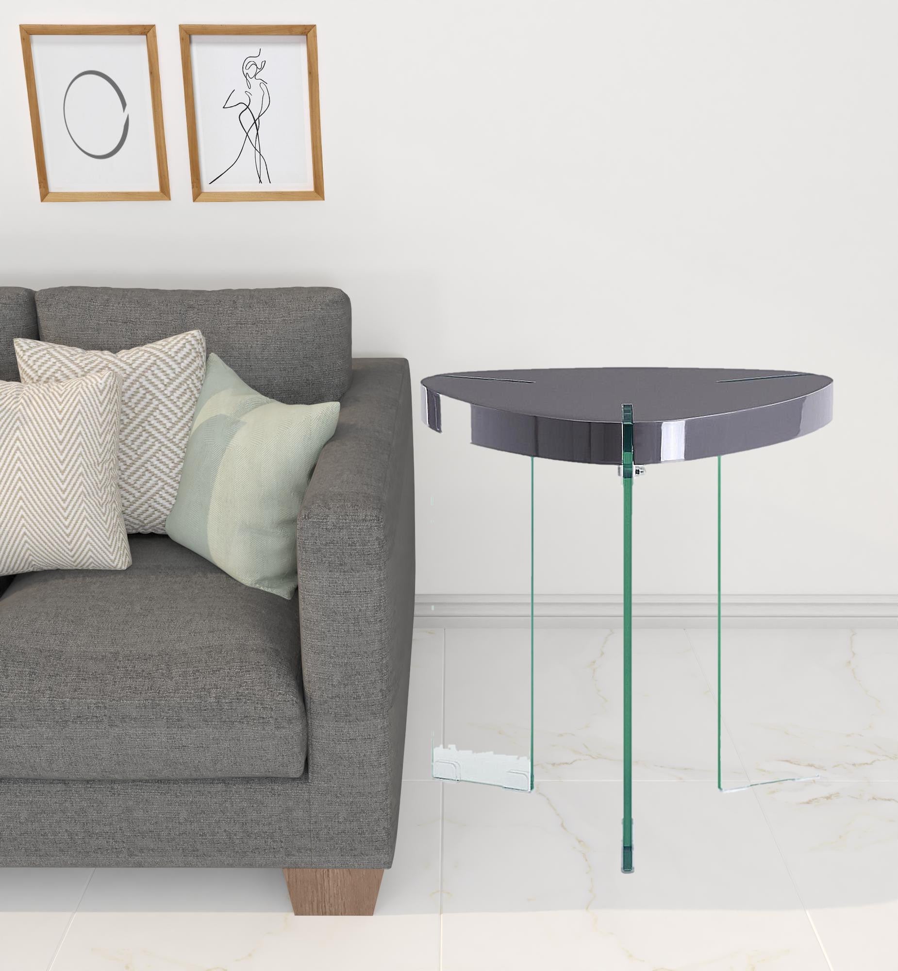 23" Clear And Gray Manufactured Wood And Glass Triangular End Table