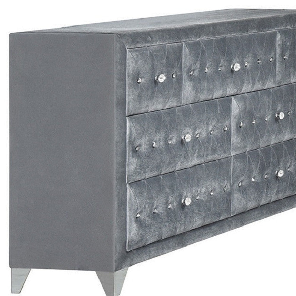 Gray Velvet Wood Seven Drawer Triple Dresser 60"