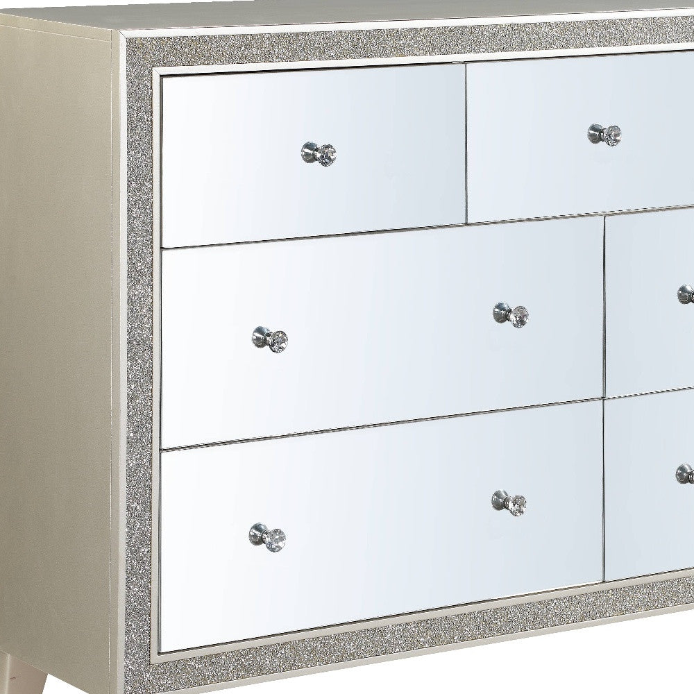 63" Mirrored And Champagne Solid Wood Mirrored Multi Drawer Triple Dresser