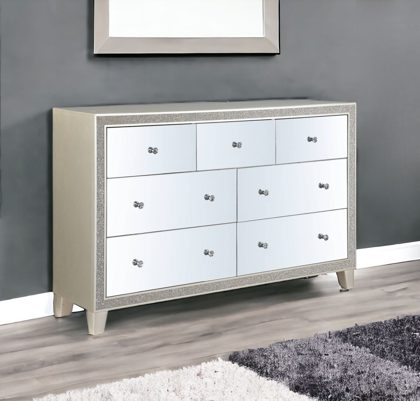 63" Mirrored And Champagne Solid Wood Mirrored Multi Drawer Triple Dresser