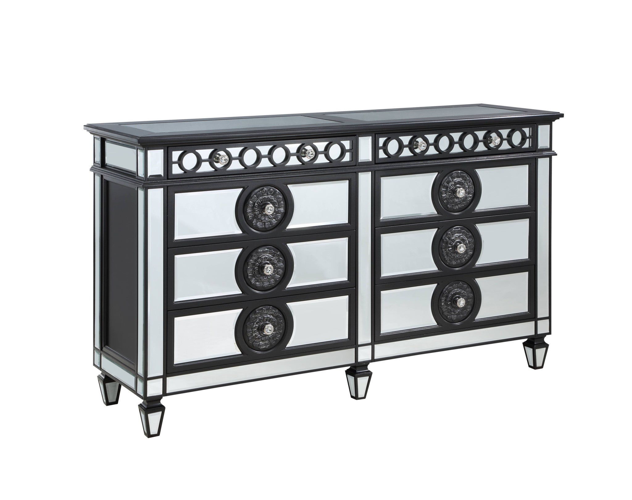 Black And Sliver Solid Wood Mirrored Six Drawer Double Dresser 68"