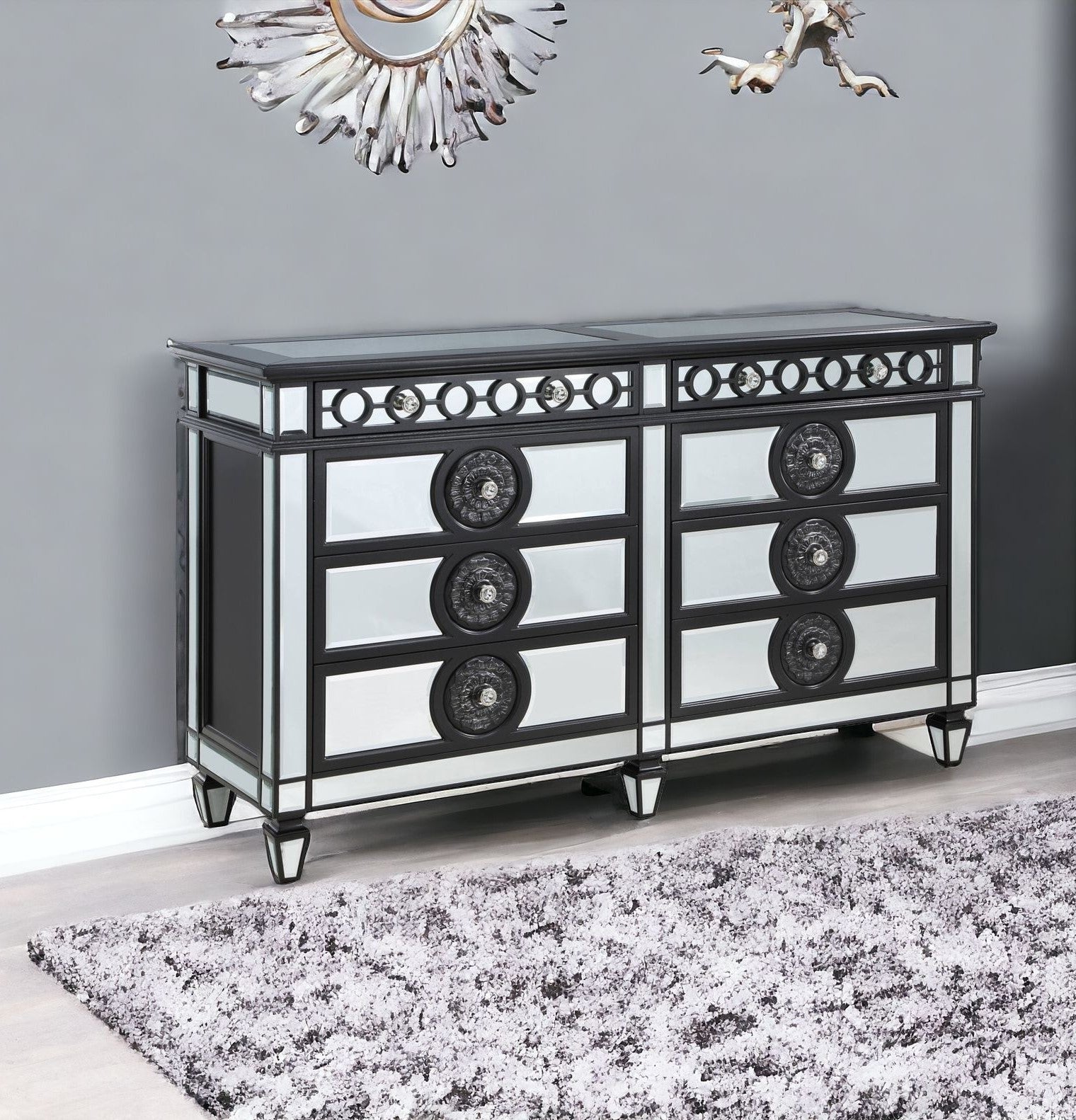 Black And Sliver Solid Wood Mirrored Six Drawer Double Dresser 68"