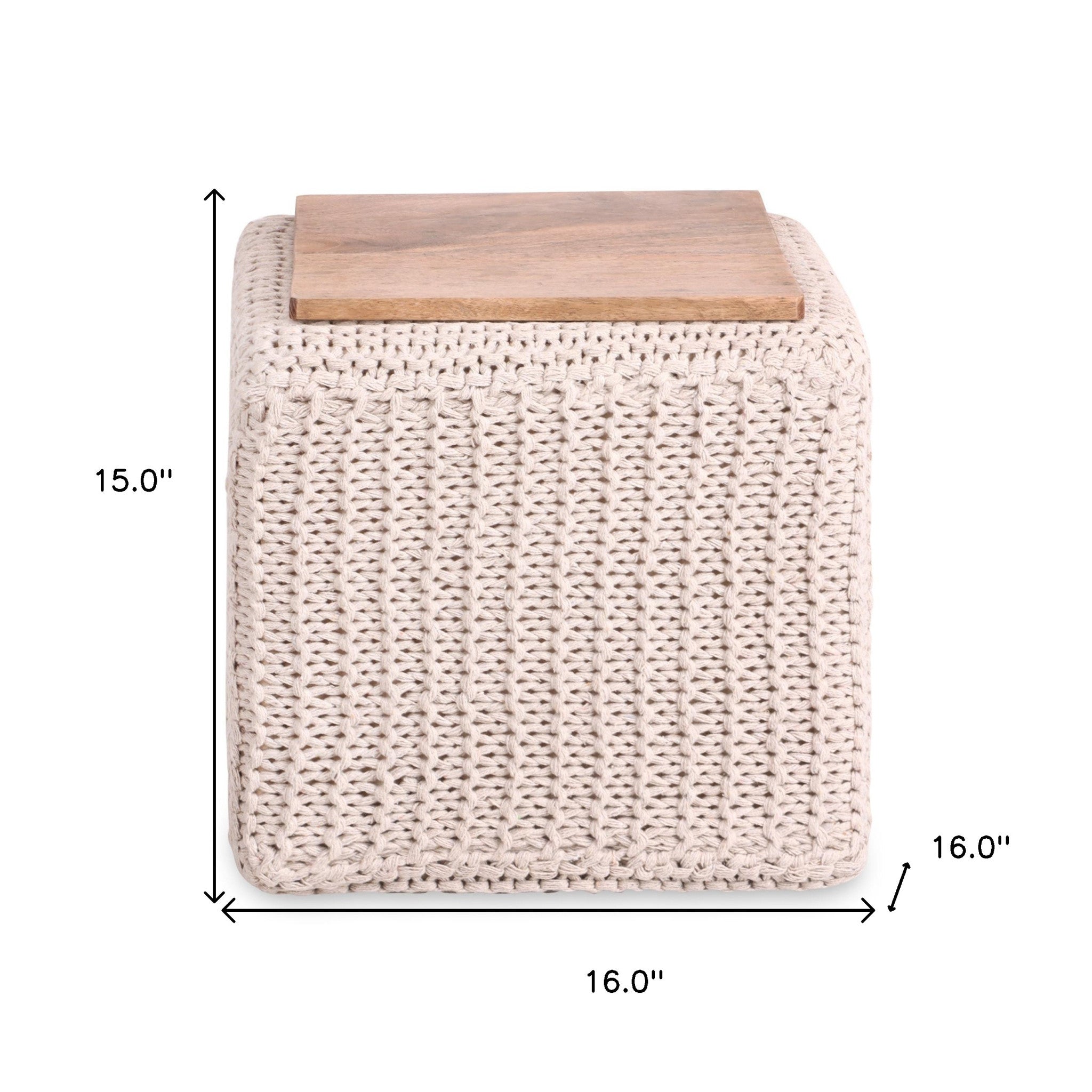 Puf de mezcla de algodón color marfil de 16" con forma de cubo otomano