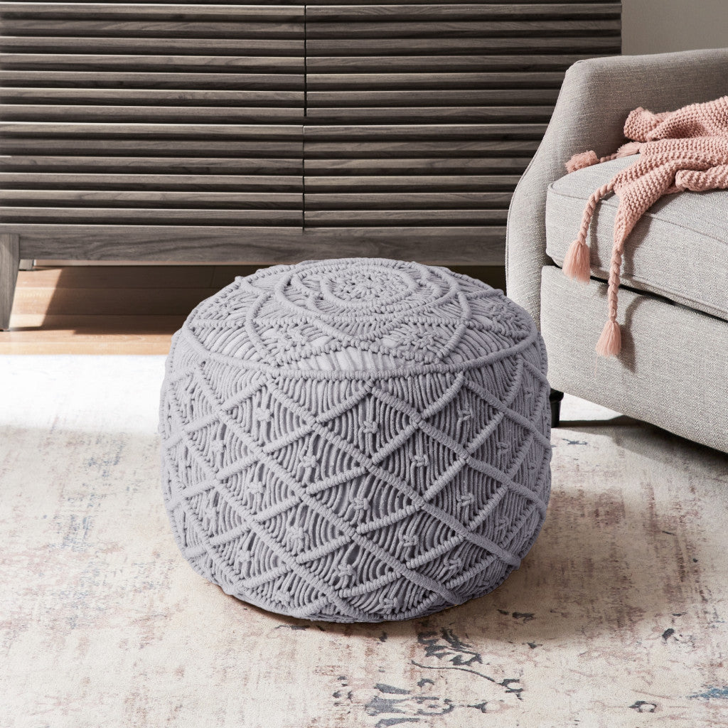 18" Light Grey Cotton Blend Round Pouf Floral Ottoman