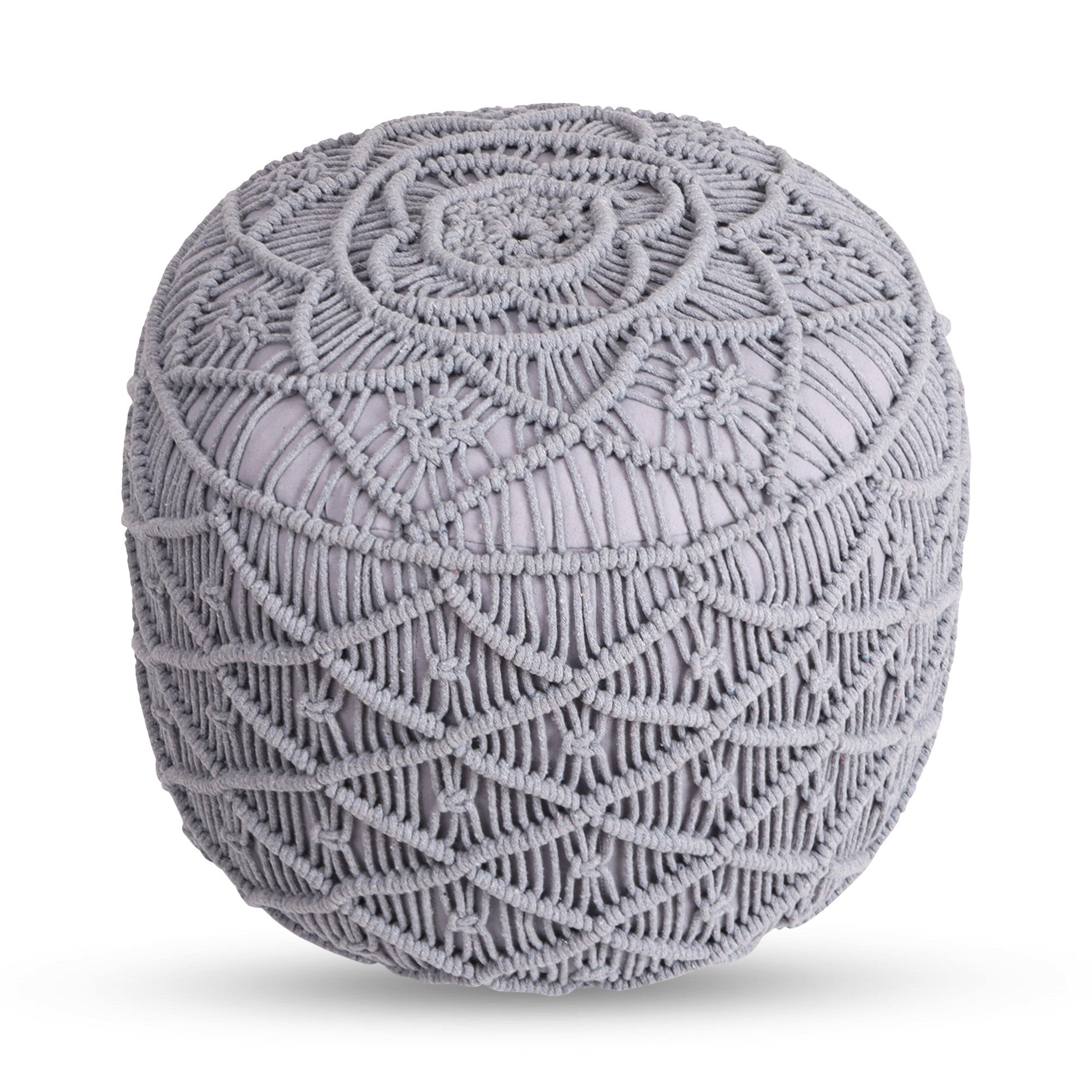18" Light Grey Cotton Blend Round Pouf Floral Ottoman