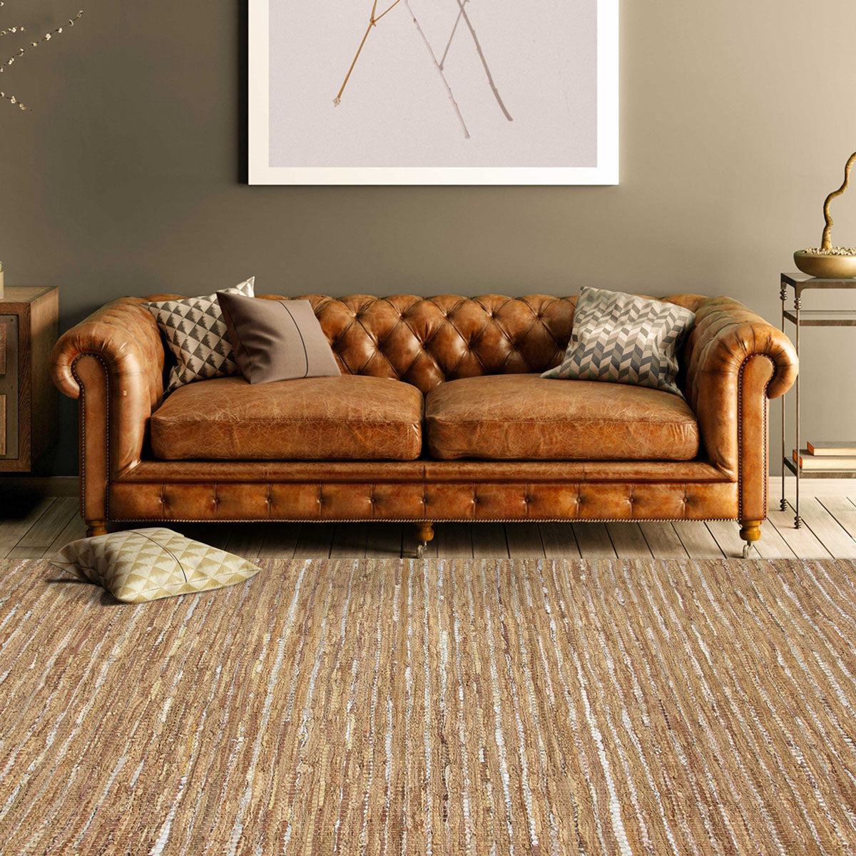 5' X 8' Camel Striped Handmade Leather Area Rug