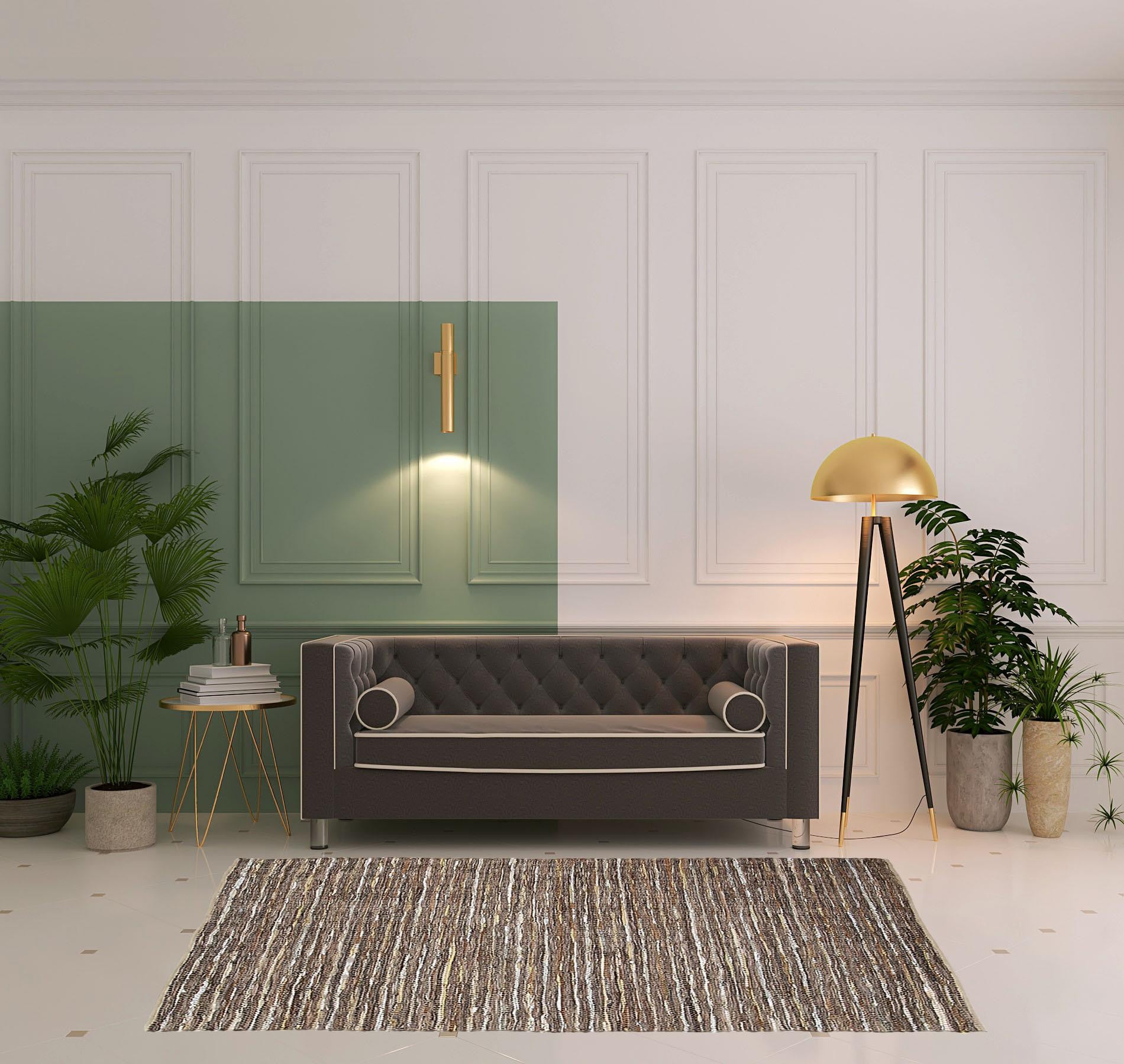 5' X 8' Desert Taupe Striped Handmade Leather Area Rug