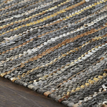 5' X 8' Steel Blue Striped Handmade Leather Area Rug