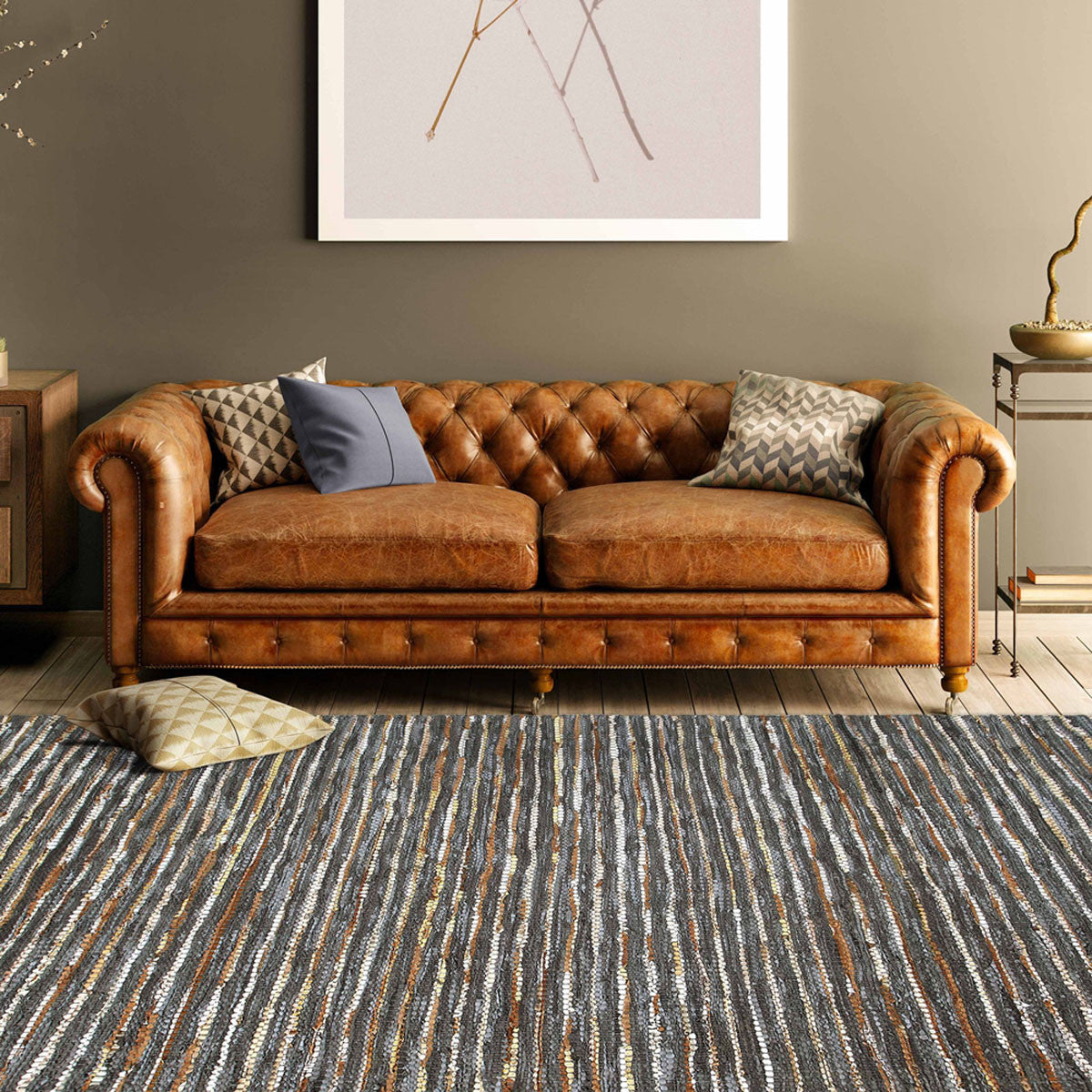 5' X 8' Steel Blue Striped Handmade Leather Area Rug