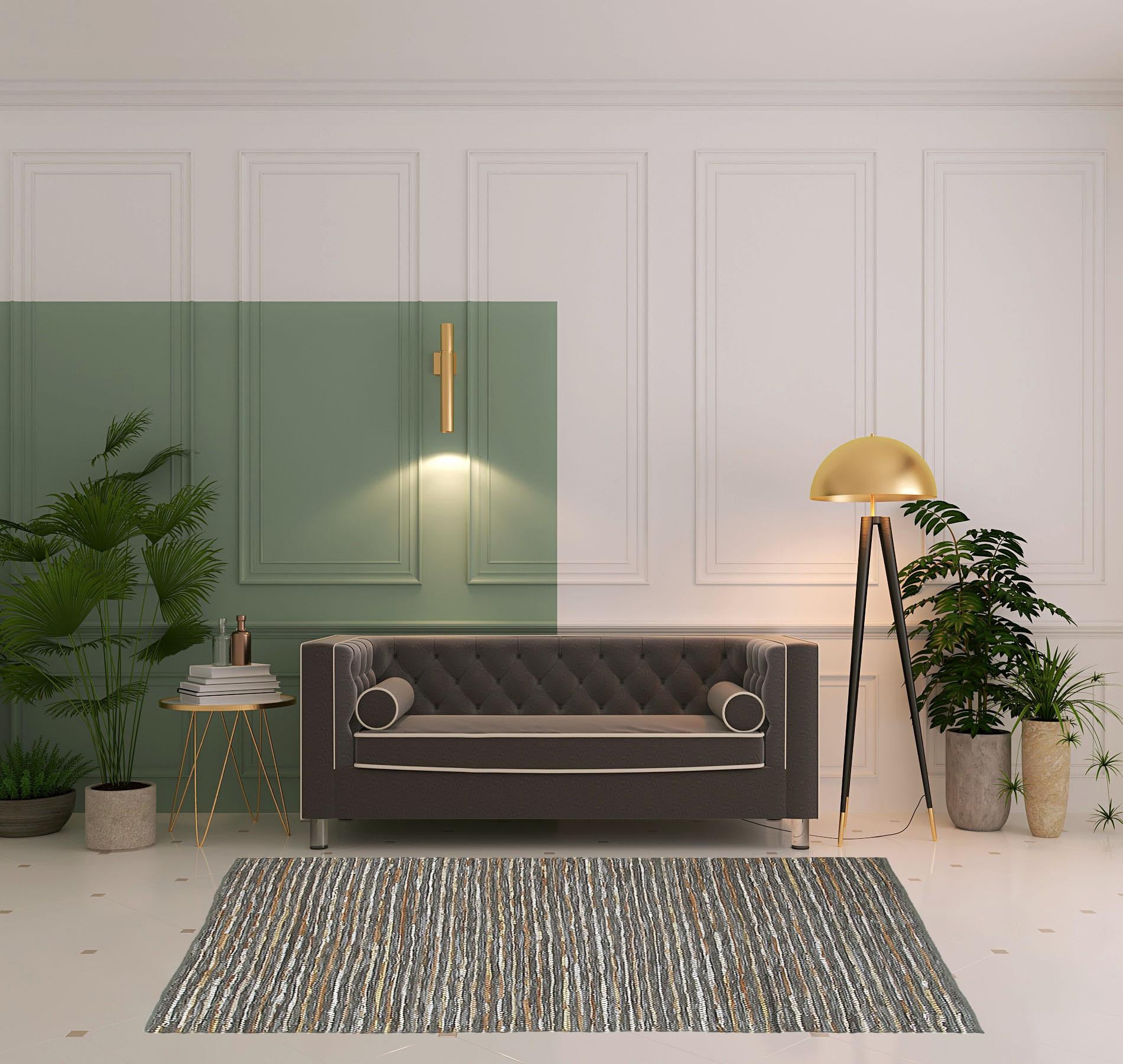 5' X 8' Steel Blue Striped Handmade Leather Area Rug