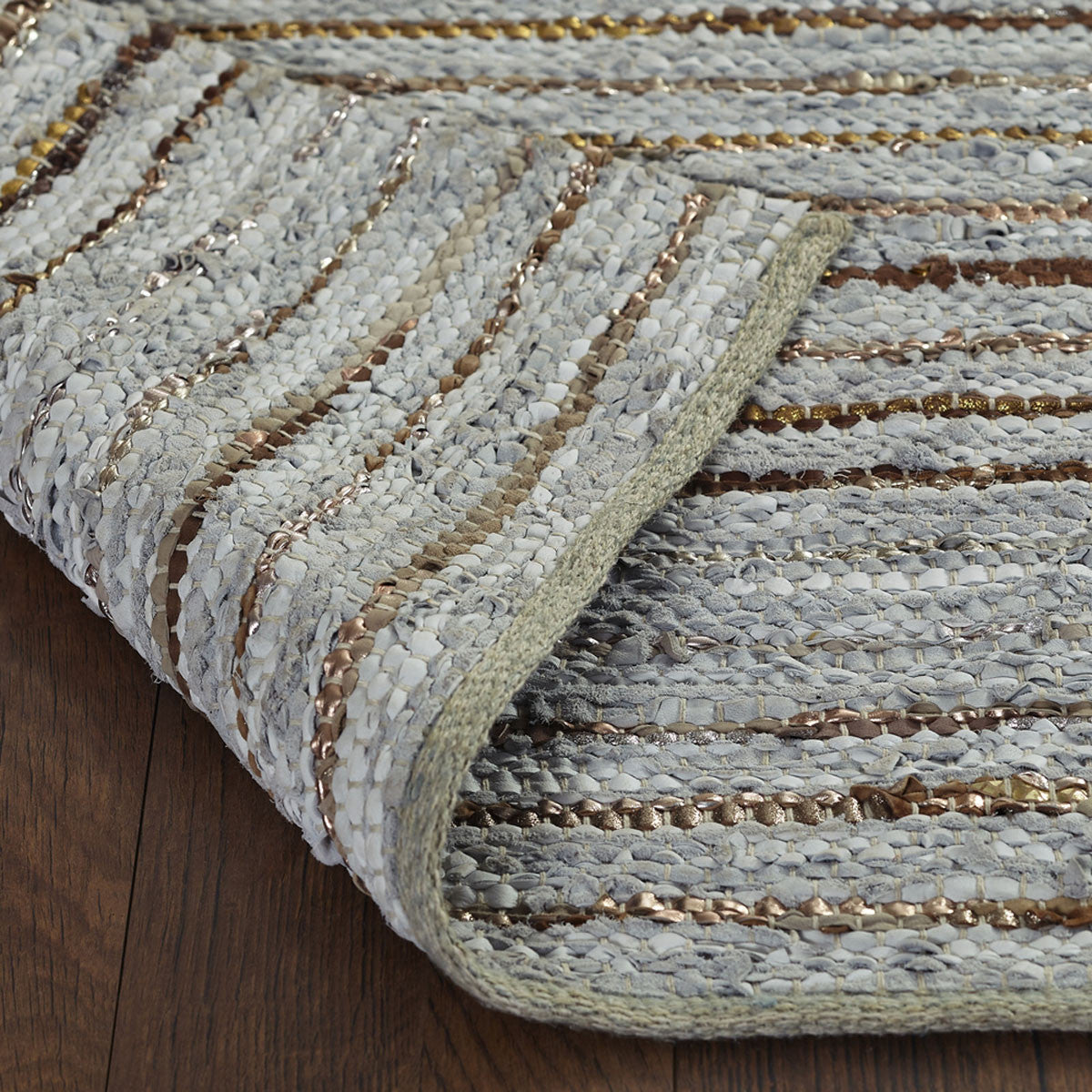 5' X 8' Smoked Grey Striped Handmade Leather Area Rug