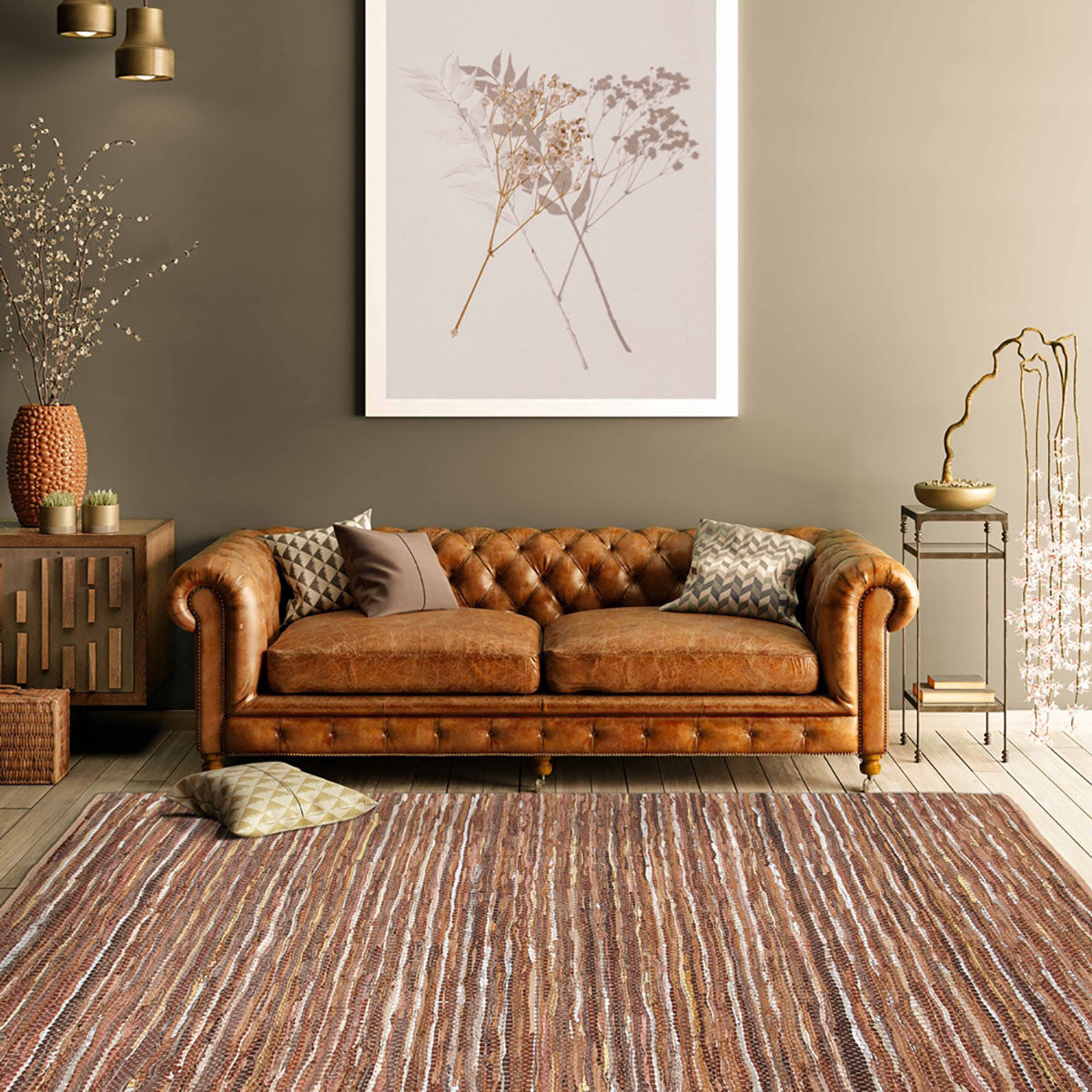 8' X 10' Baked Clay Striped Handmade Leather Area Rug