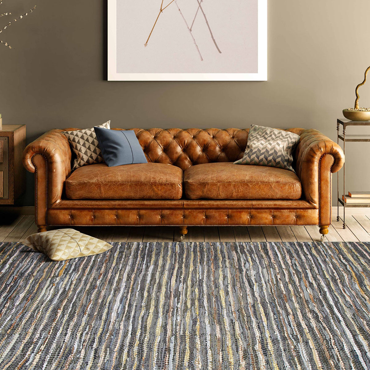 8' X 10' Dusty Grey Striped Handmade Leather Area Rug