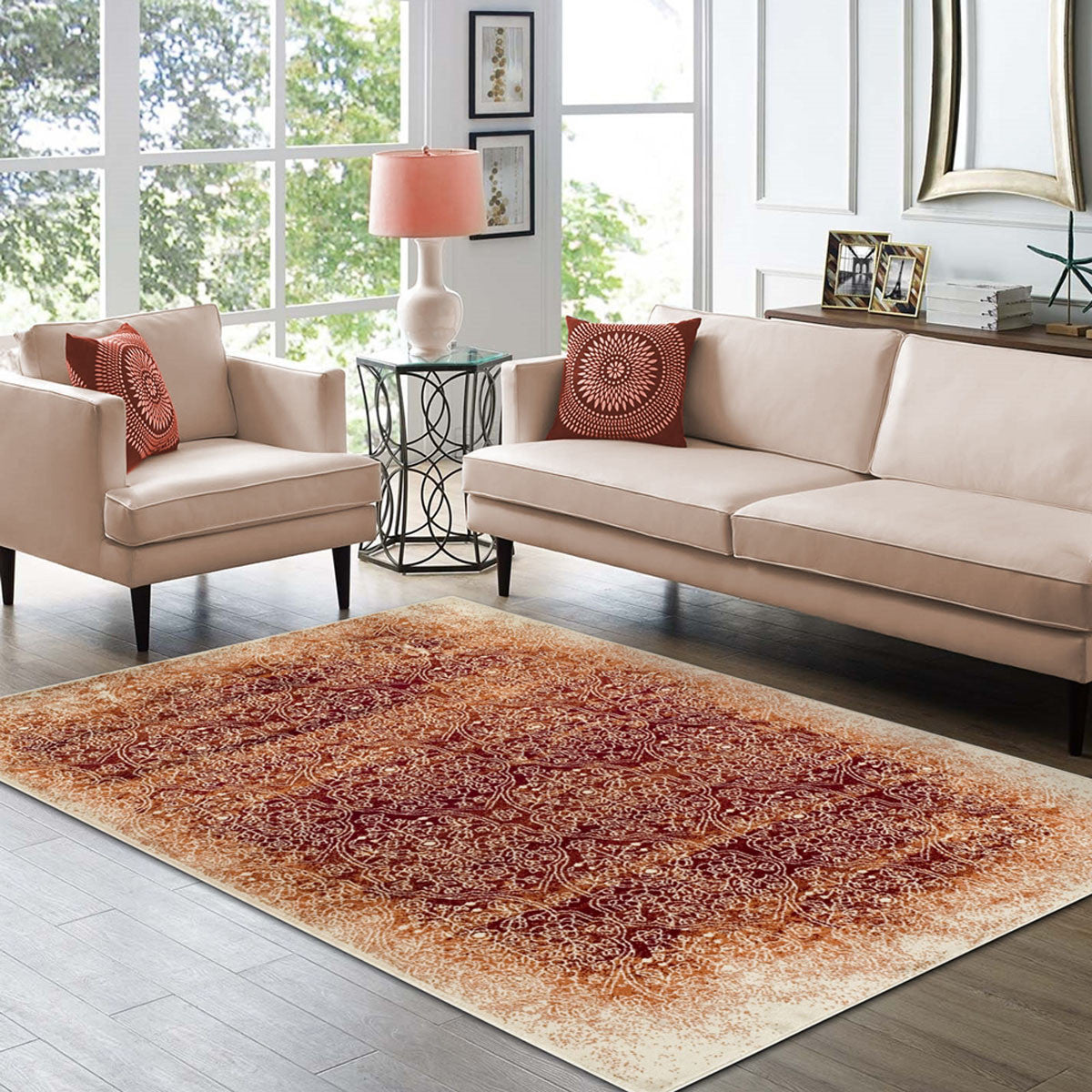 5' X 8' Orange Medallion Stain Resistant Area Rug