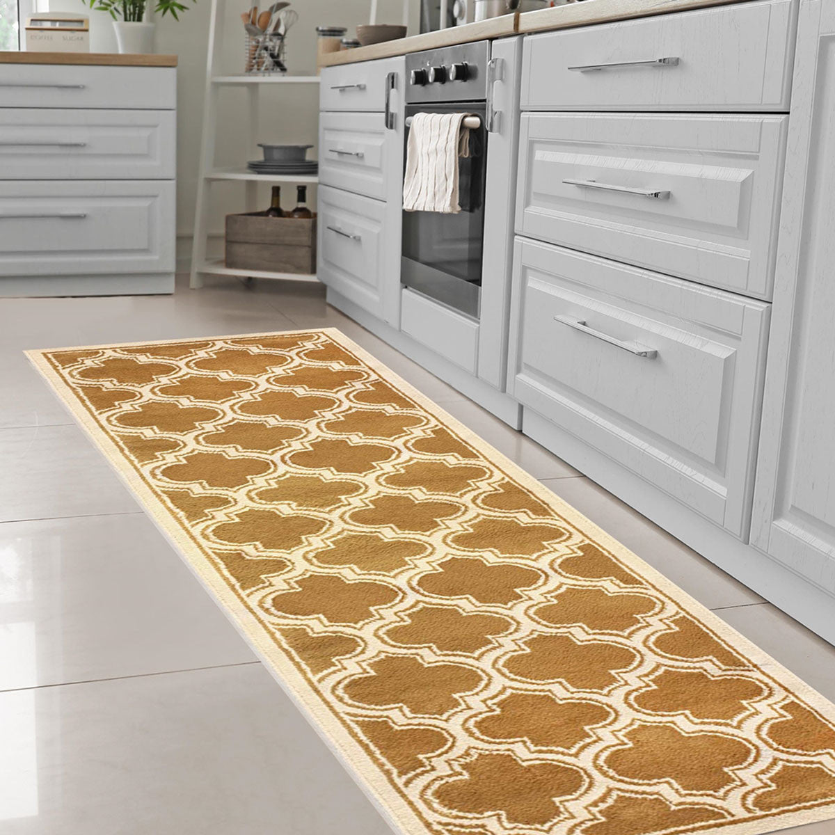 8' Apricot Brown Geometric Stain Resistant Runner Rug