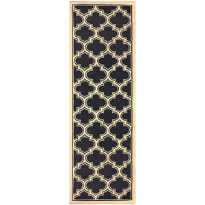 8' Dark Blue And Cream Geometric Stain Resistant Runner Rug