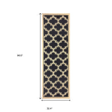 8' Dark Blue And Cream Geometric Stain Resistant Runner Rug