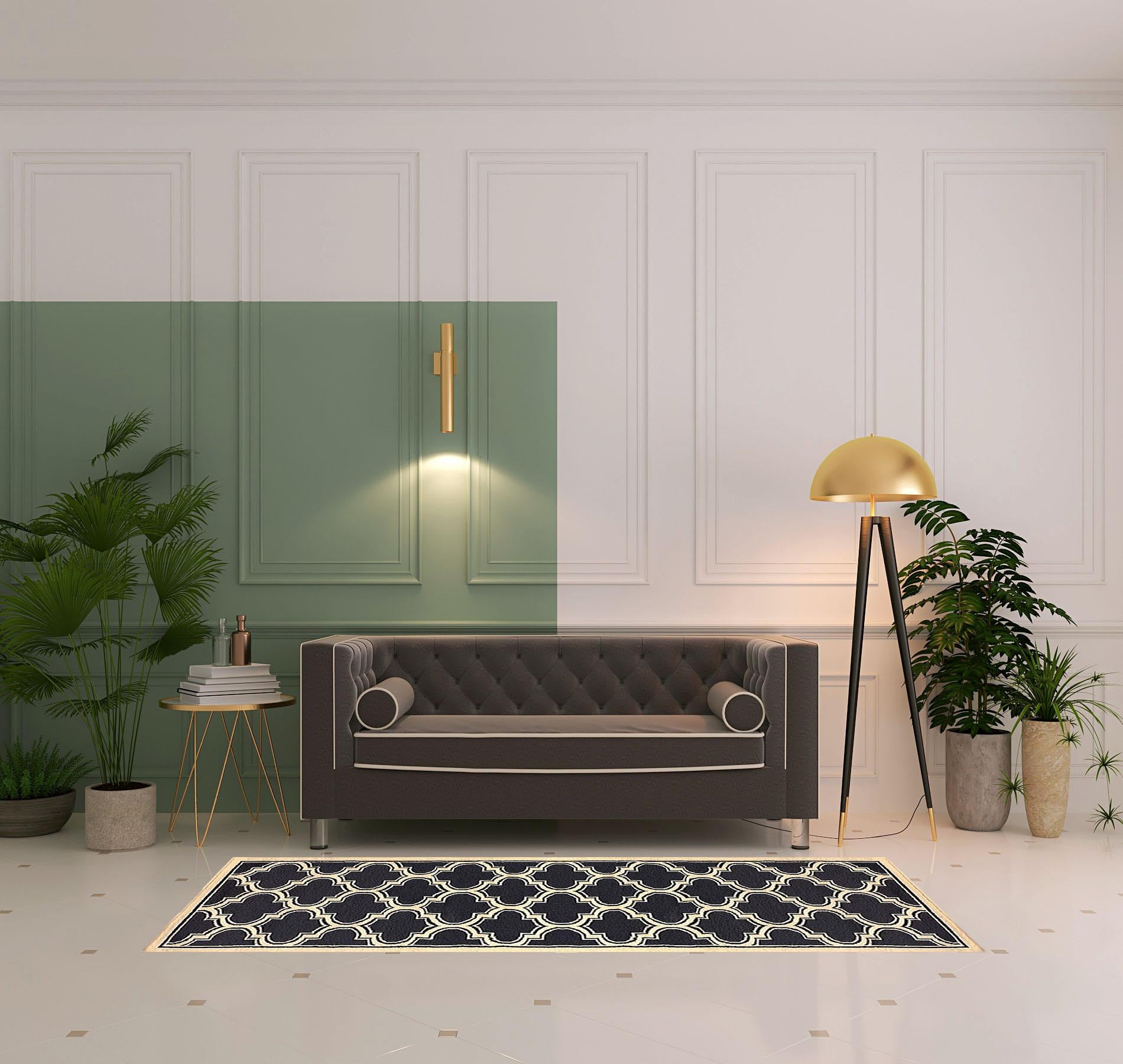 8' Dark Blue And Cream Geometric Stain Resistant Runner Rug