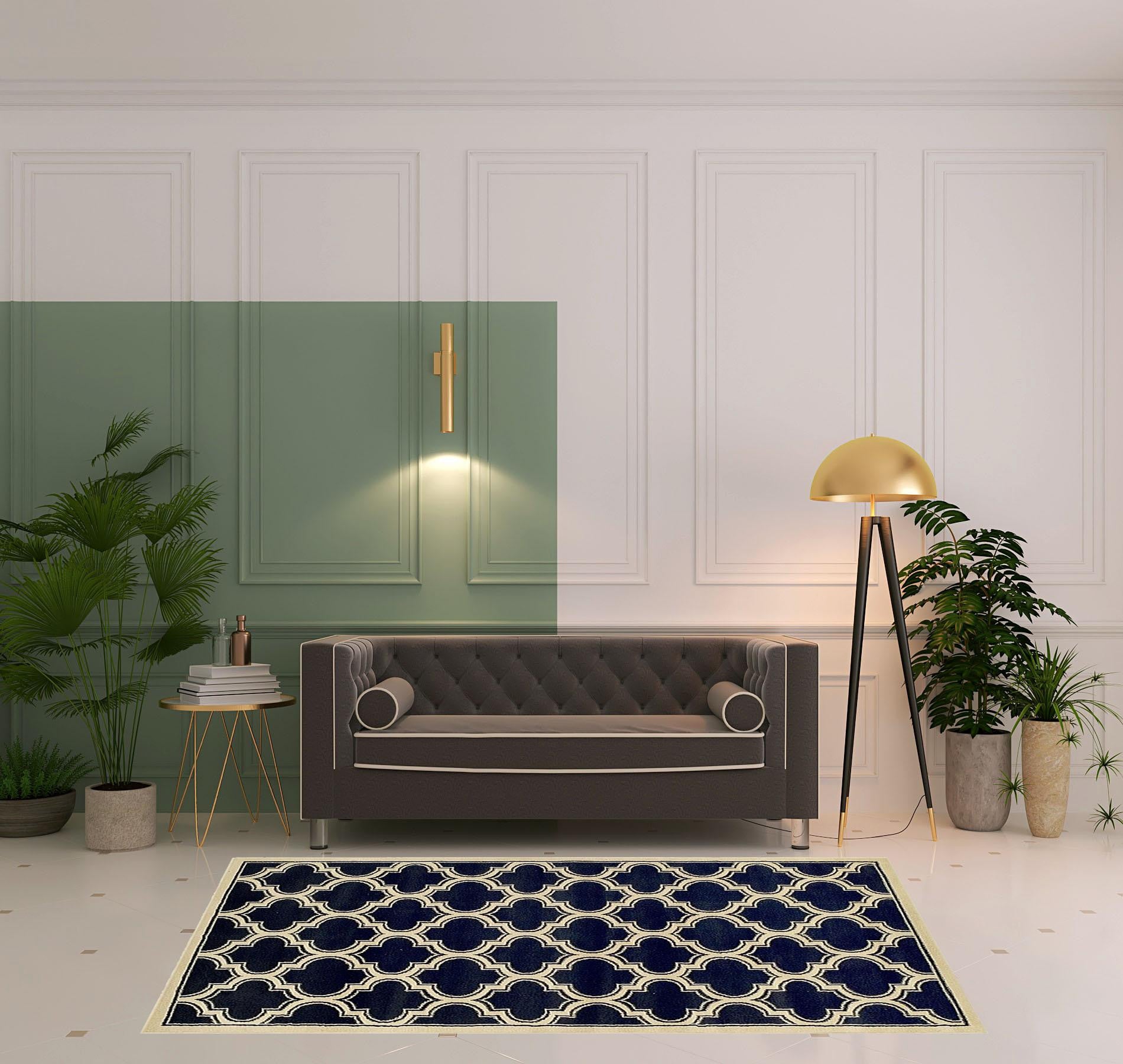 5' X 8' Dark Blue And Cream Geometric Stain Resistant Area Rug