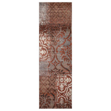 10' Rust And Gray Damask Distressed Stain Resistant Runner Rug