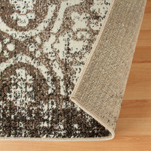8' Tan And Brown Damask Distressed Stain Resistant Runner Rug