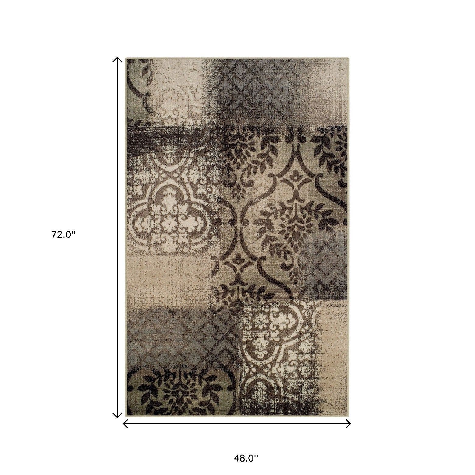 4' X 6' Tan And Brown Damask Distressed Stain Resistant Area Rug