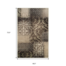 4' X 6' Tan And Brown Damask Distressed Stain Resistant Area Rug
