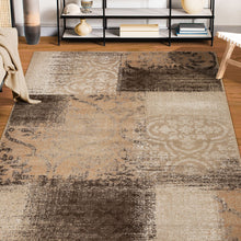 4' X 6' Beige Gray And Black Damask Distressed Stain Resistant Area Rug
