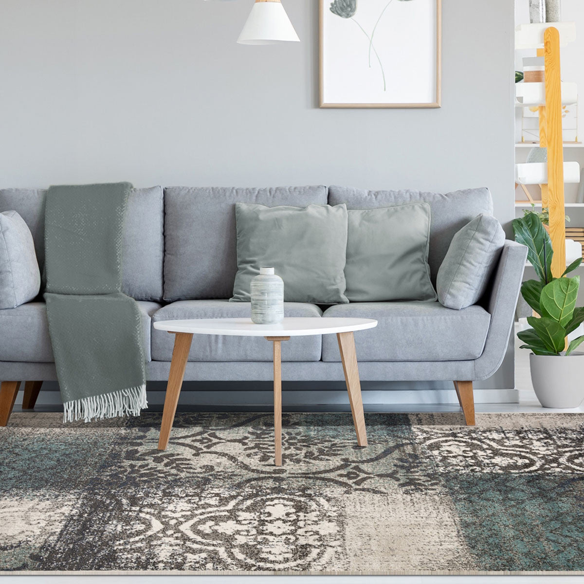 4' X 6' Teal And Gray Damask Distressed Stain Resistant Area Rug