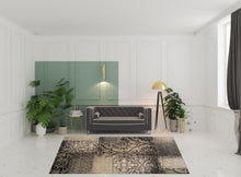 8' X 10' Tan And Brown Damask Distressed Stain Resistant Area Rug