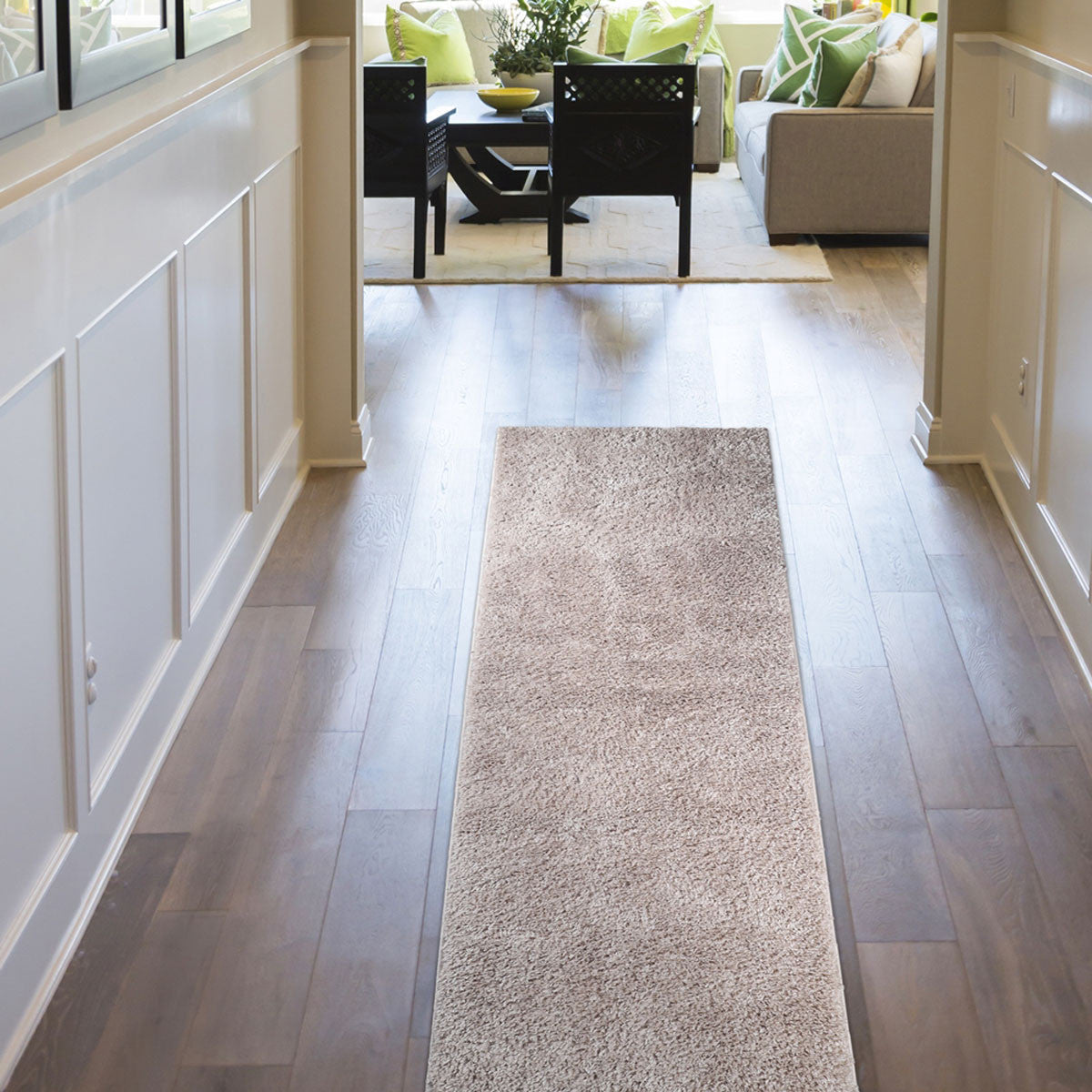 8' Beige Shag Stain Resistant Runner Rug