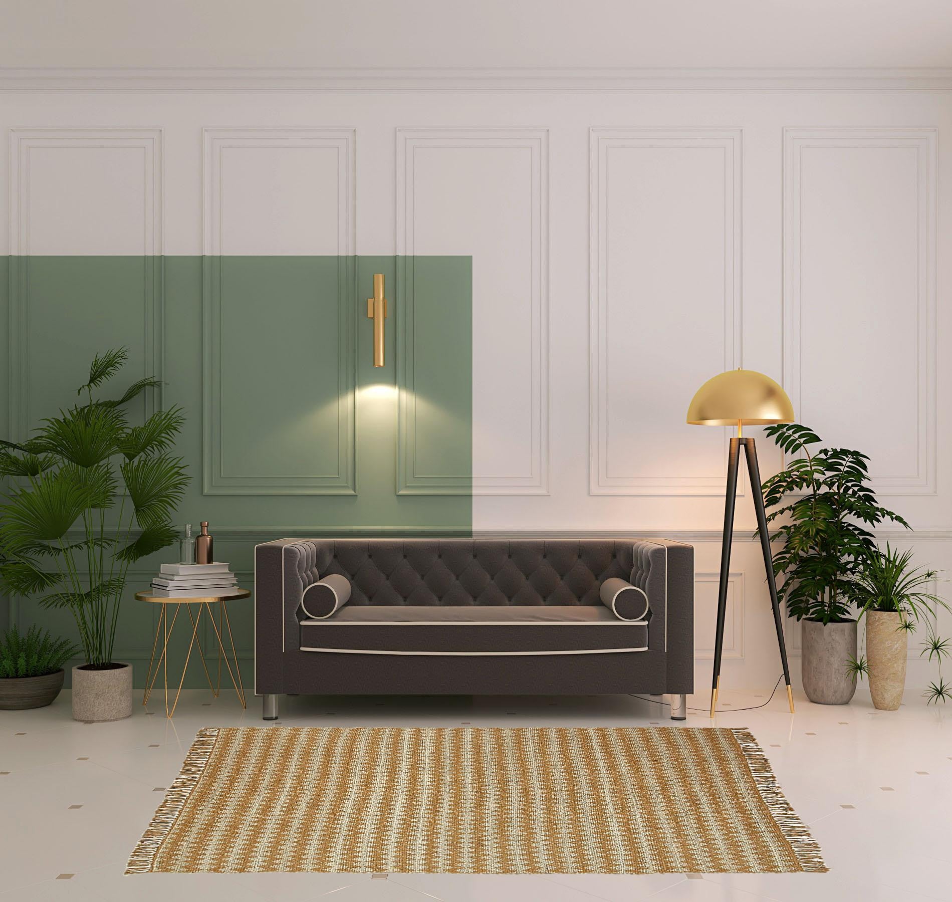 5' X 8' Gold Chevron Hand Woven Stain Resistant Area Rug With Fringe