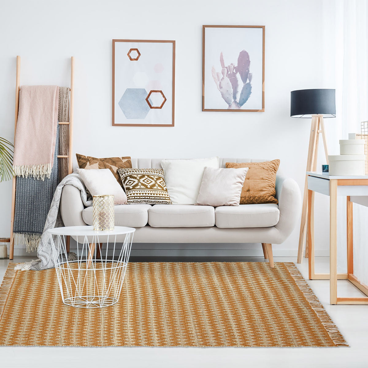 8' X 10' Gold Chevron Hand Woven Stain Resistant Area Rug With Fringe