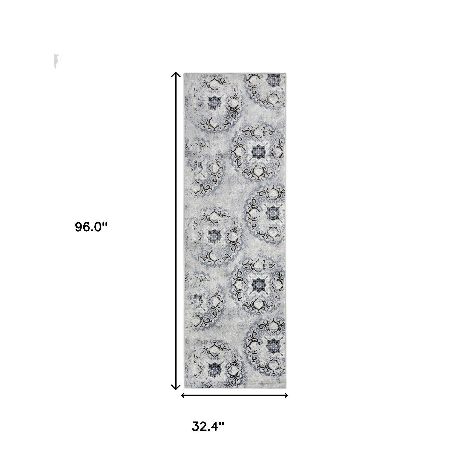 8' Silver And Gray Geometric Medallion Stain Resistant Runner Rug