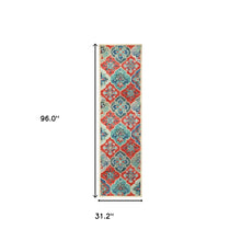 8' Blue And Rust Wool Geometric Tufted Stain Resistant Runner Rug