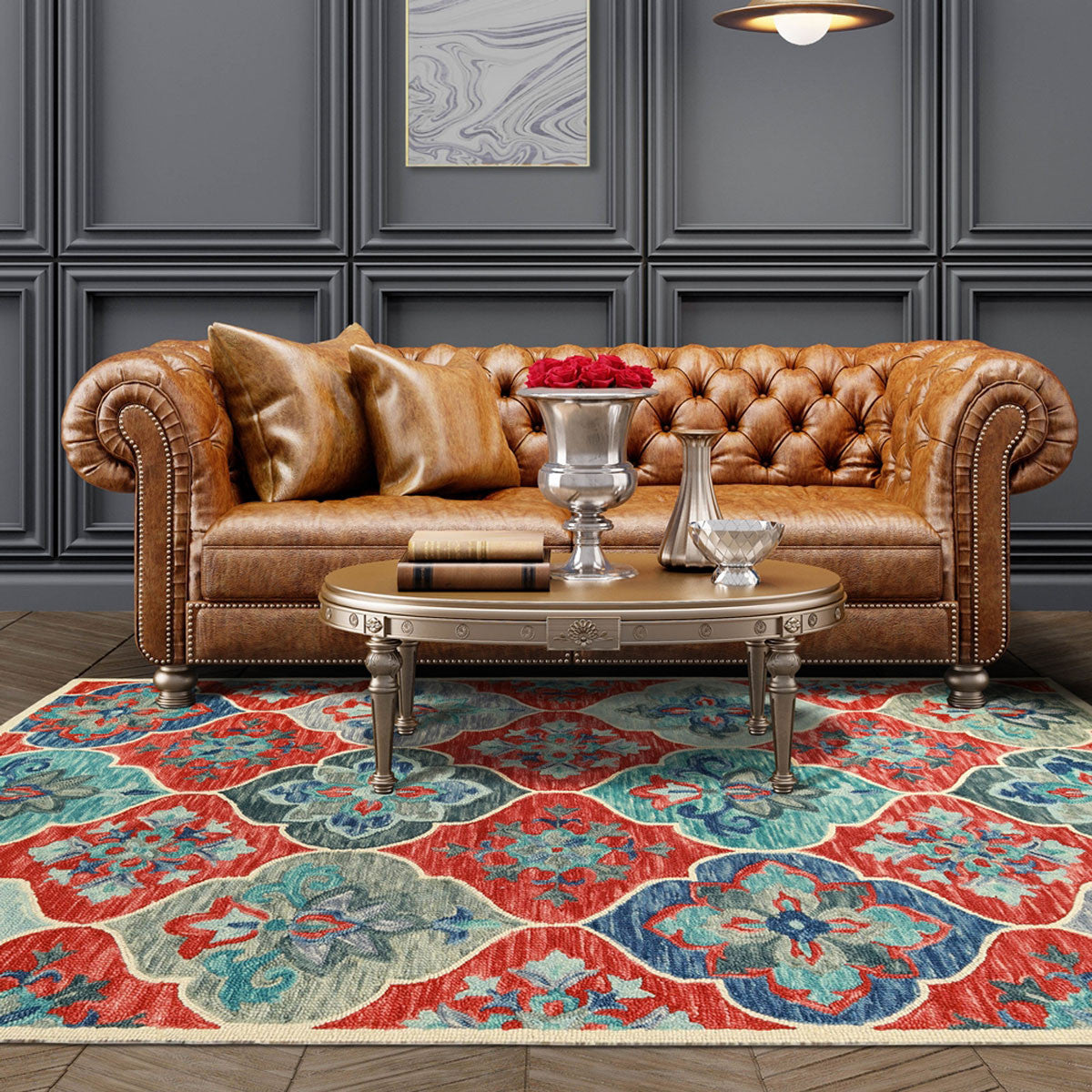 4' X 6' Blue And Rust Wool Geometric Tufted Stain Resistant Area Rug