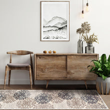 12' Tan Gray And Black Floral Medallion Stain Resistant Runner Rug