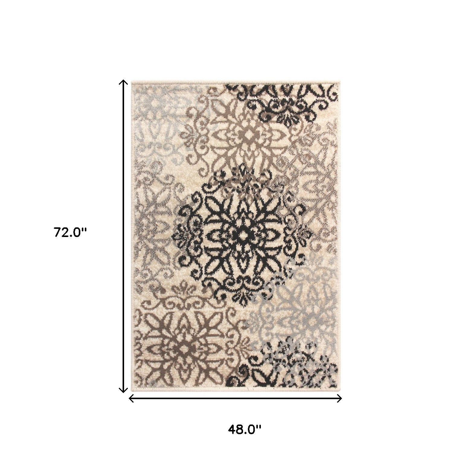4' X 6' Tan Gray And Black Floral Medallion Stain Resistant Area Rug