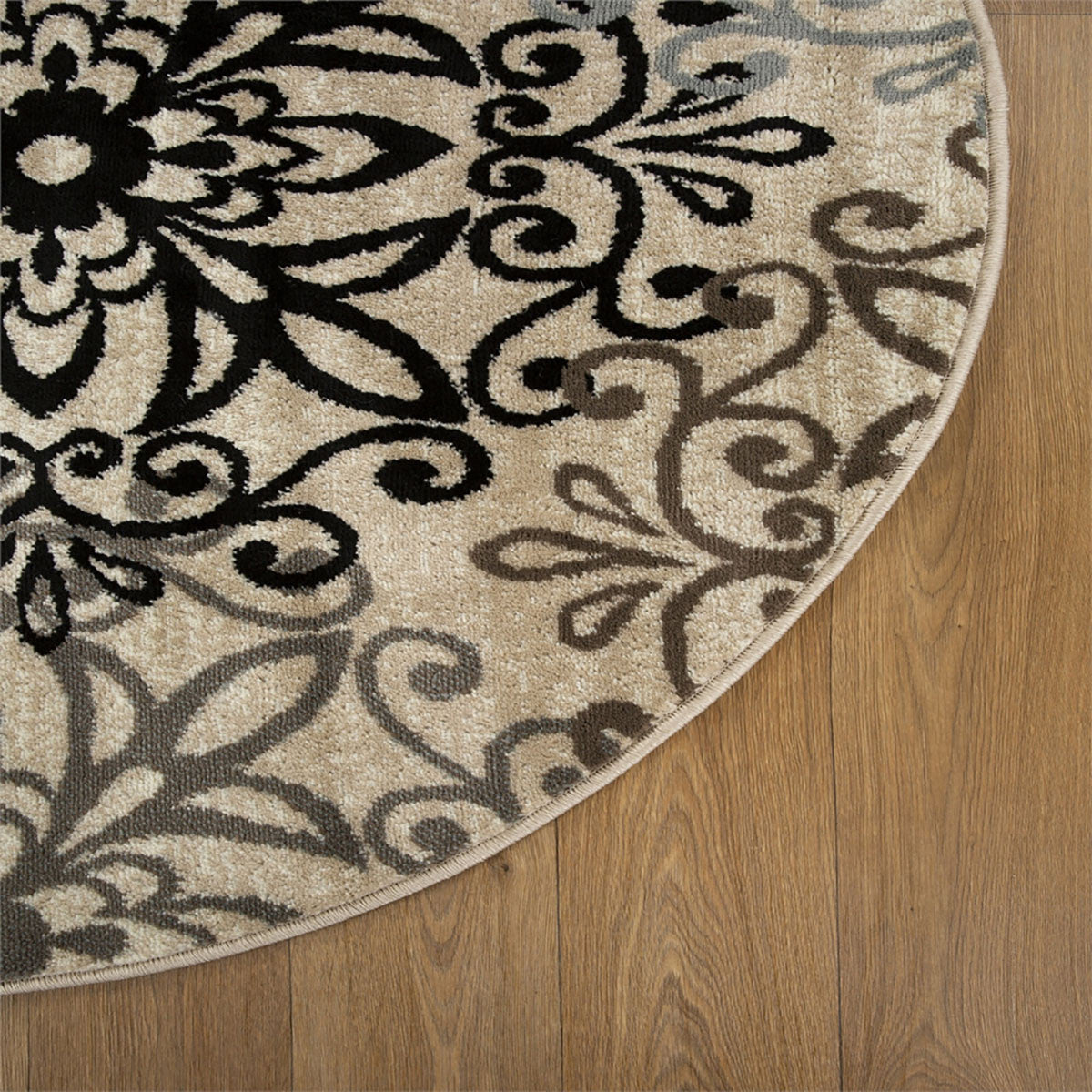8' Round Tan Gray And Black Round Floral Medallion Stain Resistant Area Rug