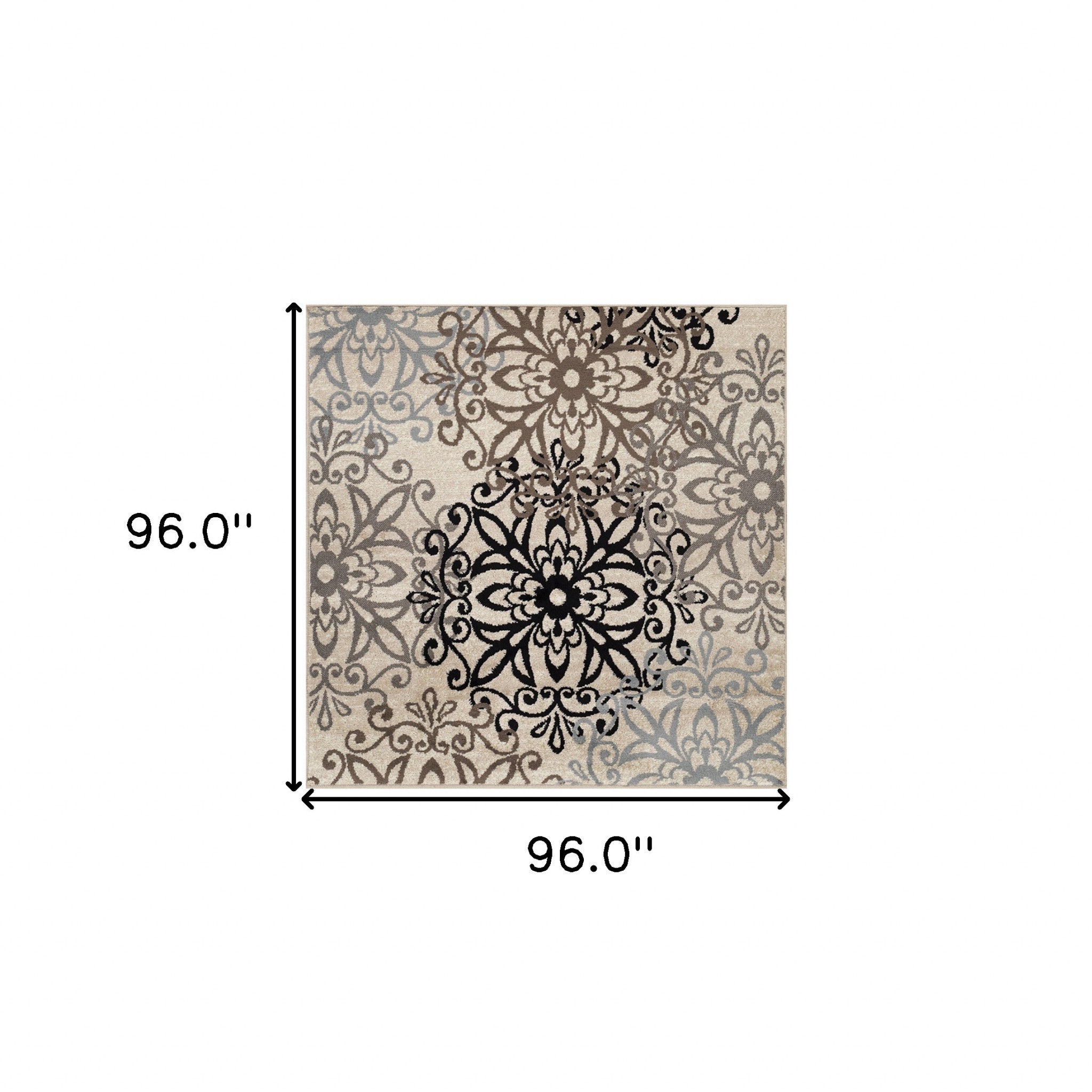 8' Square Tan Gray And Black Square Floral Medallion Stain Resistant Area Rug