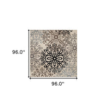 8' Square Tan Gray And Black Square Floral Medallion Stain Resistant Area Rug