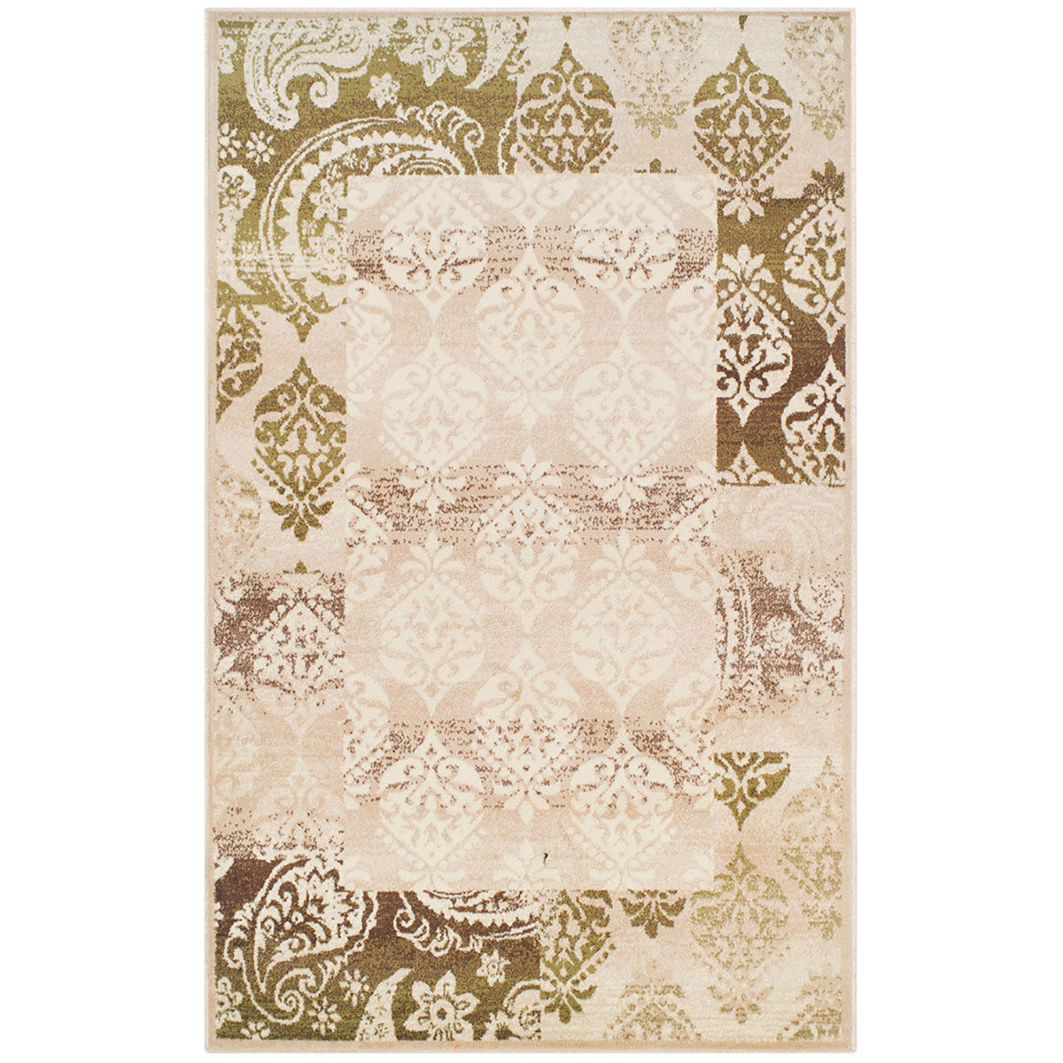 4' X 6' Beige Damask Power Loom Distressed Stain Resistant Area Rug