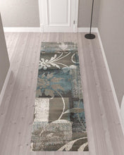 Teal Gray And Tan Floral Power Loom Distressed Stain Resistant Runner Rug 10'