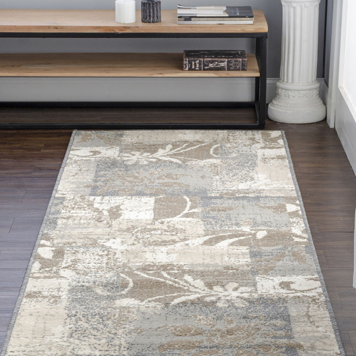 8' Ivory Gray And Olive Floral Power Loom Distressed Stain Resistant Runner Rug