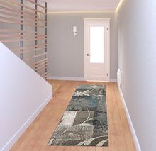 8' Teal Gray And Tan Floral Power Loom Distressed Stain Resistant Runner Rug