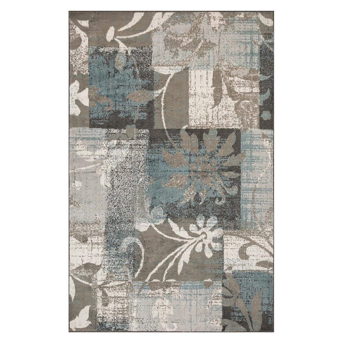Teal Gray And Tan Floral Power Loom Distressed Stain Resistant Area Rug - 4' x 6'
