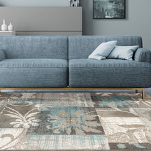 Teal Gray And Tan Floral Power Loom Distressed Stain Resistant Area Rug - 4' x 6'